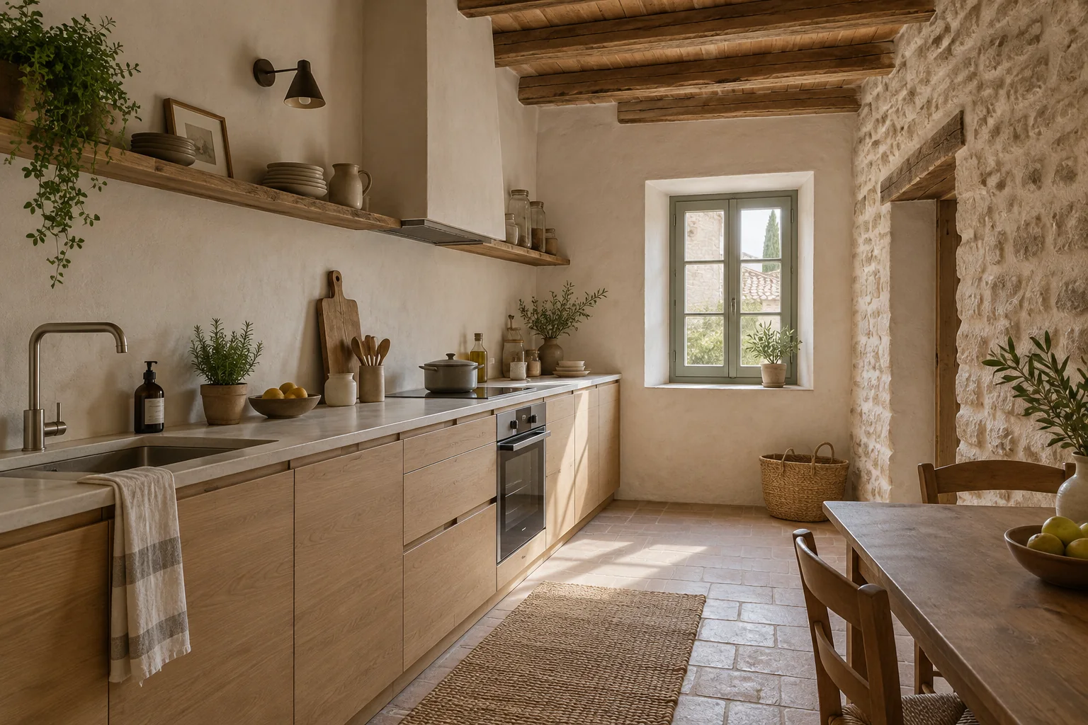 Compact oak and lime-plaster kitchen in a fictional house — AI-generated inspiration