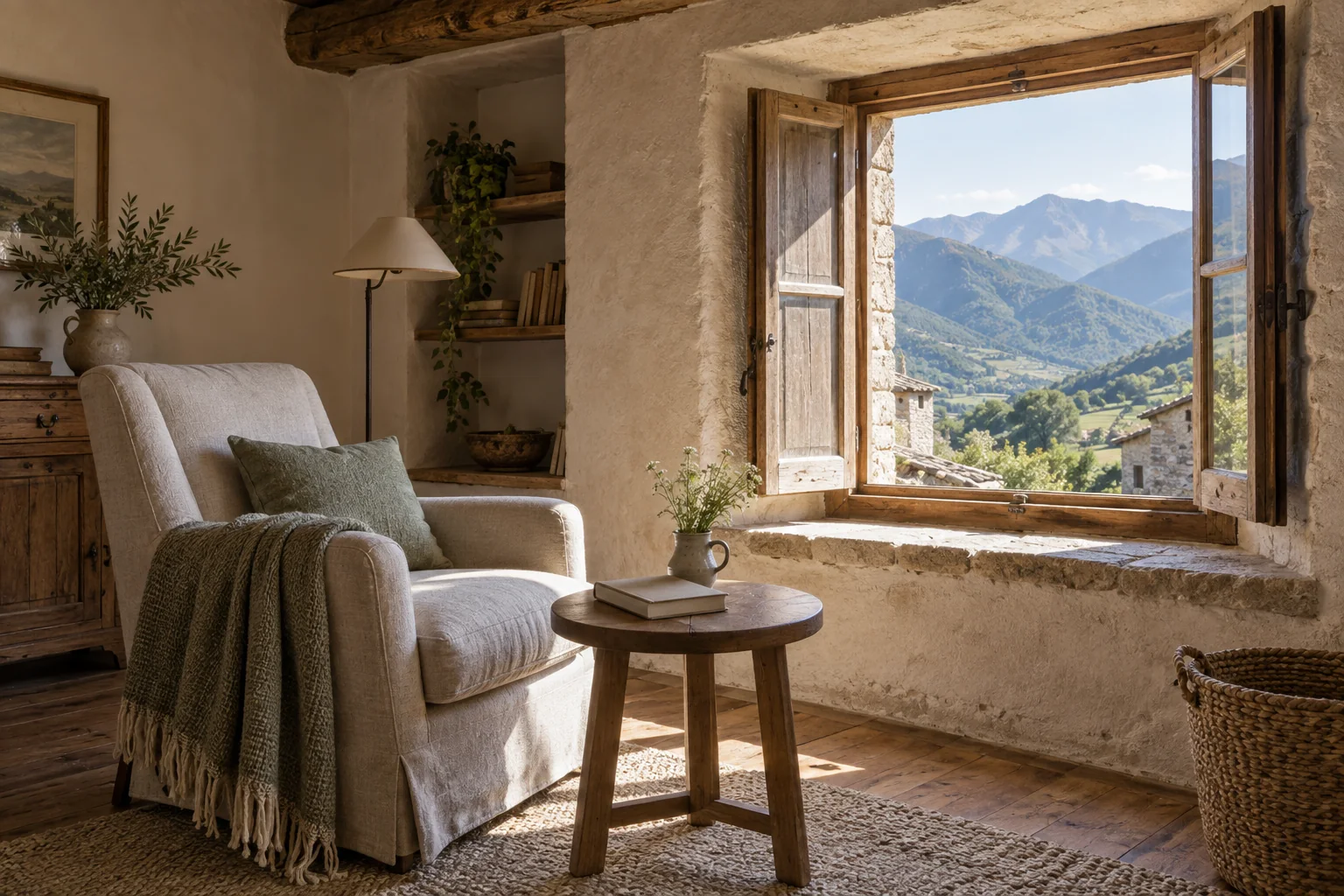 Fictional reading corner and mountain view — AI-generated inspiration