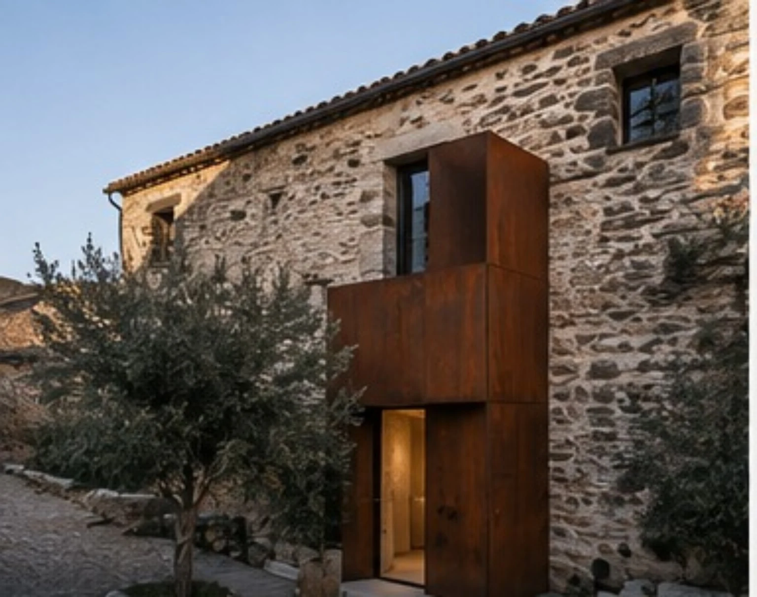 A stone façade with brown contemporary elements